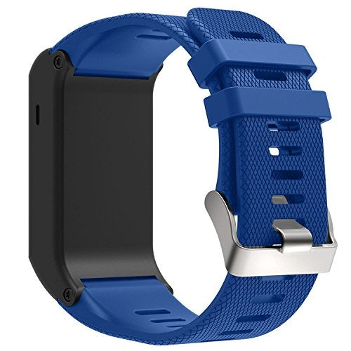 Blue silicone sport watch band with textured pattern and metal buckle clasp