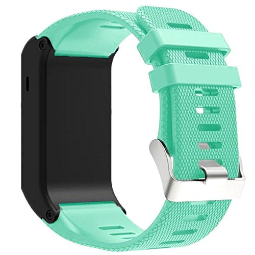 Mint green silicone sport watch band with textured pattern and metal buckle clasp