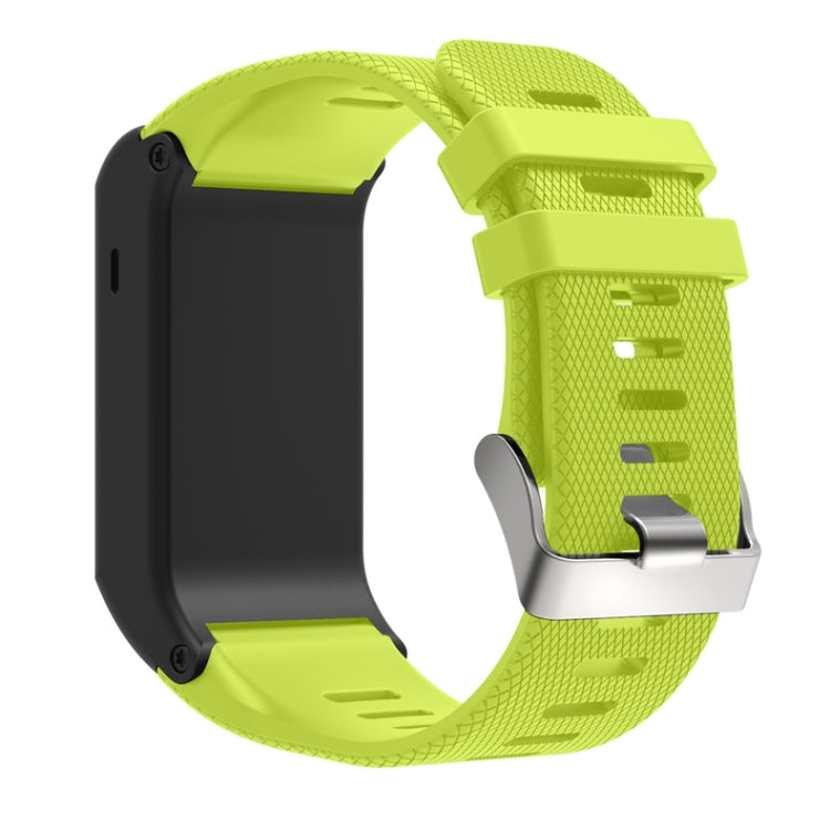 Lime green silicone sport watch band with textured pattern and metal buckle clasp