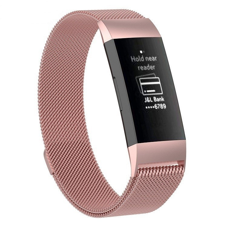 Rose pink stainless steel mesh watch band with rose-toned magnetic clasp