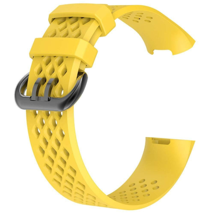 Yellow perforated sport watch band with adjustable strap, loop ring, and clasp.
