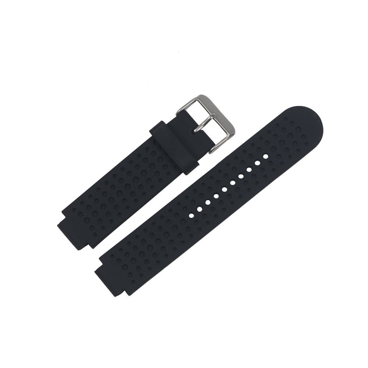 Adjustable black watch band with perforated texture and silver metal buckle