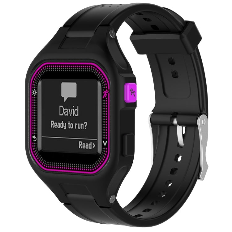Adjustable black watch band with black smartwatch and purple accent