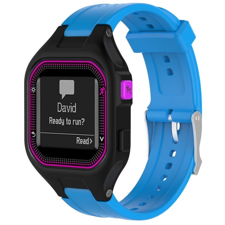 Adjustable watch band in bright blue with black smartwatch and purple side button