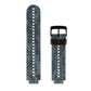Silicone sport watch band with dark gray speckled pattern, white perforated holes and black clasp