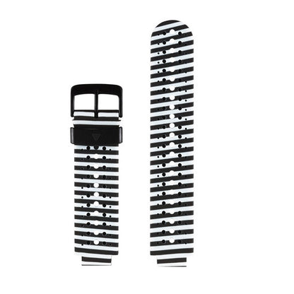 Silicone sport watch band in black with white dotted stripe pattern and black buckle