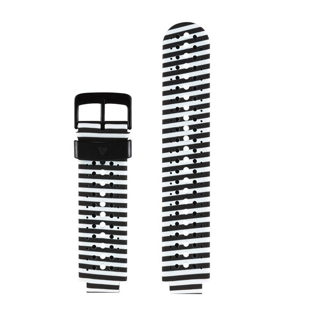 Silicone sport watch band in black with white dotted stripe pattern and buckle