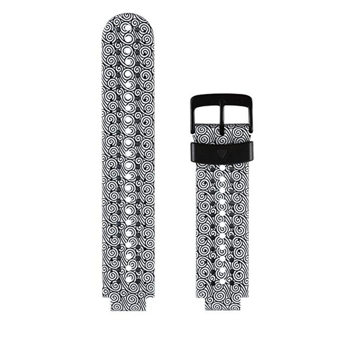 Silicone sport watch band with black swirl pattern, white perforated strap and black clasp