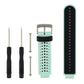 Two-tone silicone sport watch band in mint green and black, perforated strap with metal clasp