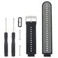 Two-tone silicone sport watch band in gray and black, perforated strap with metal clasp and pins