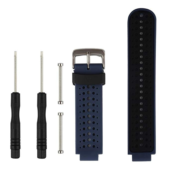 Two-tone silicone sport watch band in dark blue and black, perforated strap with pins