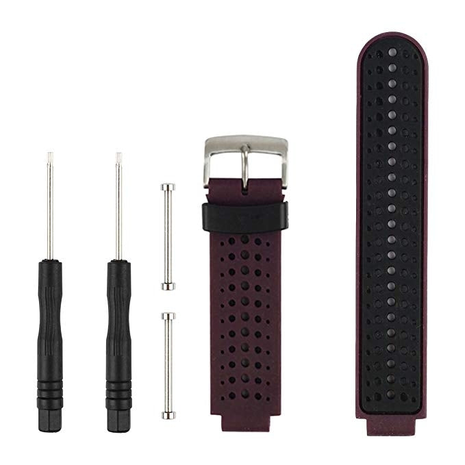 Two-tone silicone sport watch band in burgundy and black, perforated strap with metal clasp