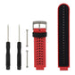 Two-tone silicone sport watch band in red and black, perforated strap with metal clasp