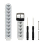 Two-tone silicone sport watch band in white and black, perforated strap with metal clasp