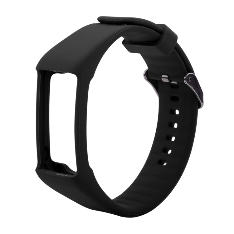 Black silicone sport watch band, curved design with metal buckle and adjustment holes