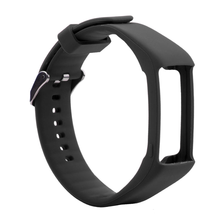 Black silicone sport watch band, side view with metal clasp and perforated holes