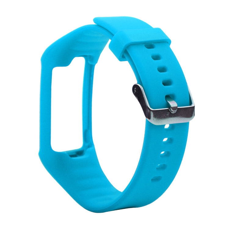 Blue silicone sport watch band with metal clasp and row of sizing holes