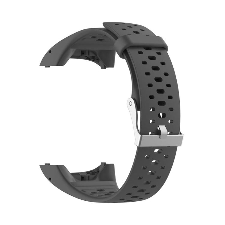 Grey silicone sport watch band with perforated pattern and metal buckle clasp
