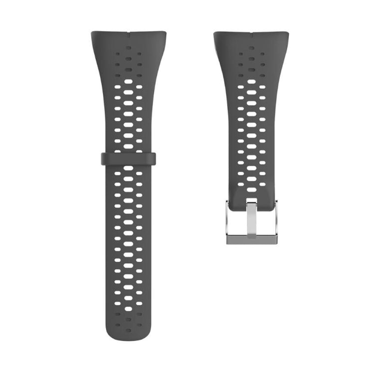 Dark grey silicone sport watch band with perforations and silver metal buckle