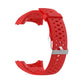 Red silicone sport watch band with perforated pattern and silver metal buckle
