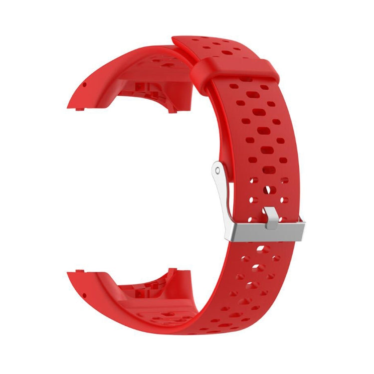 Red silicone sport watch band with perforated pattern and silver metal buckle