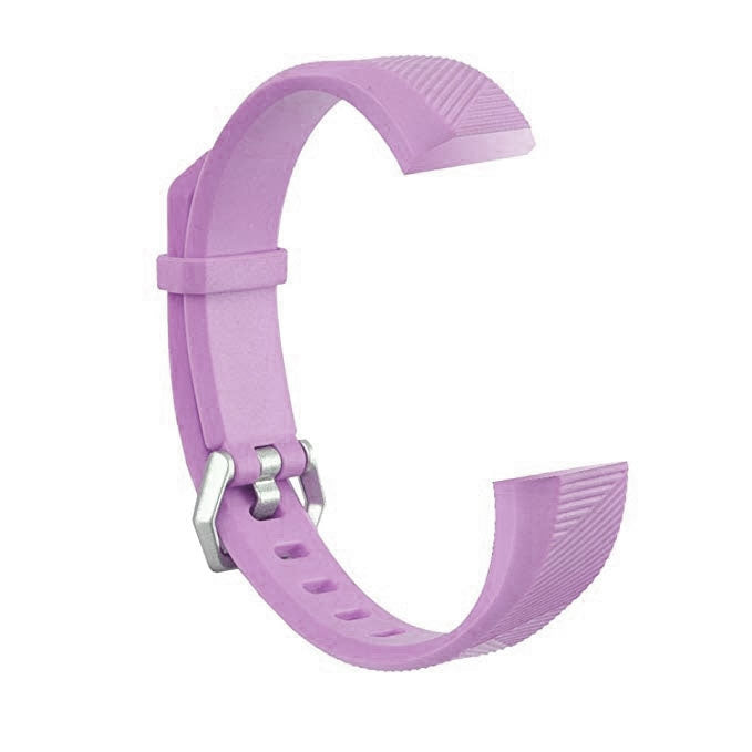 Purple silicone watch band with textured top and silver clasp hardware