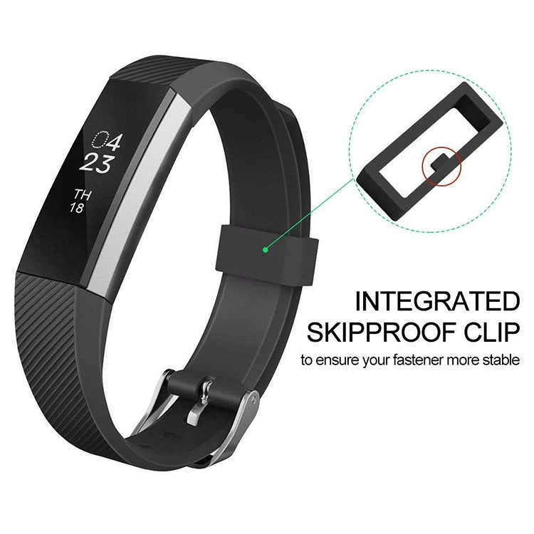 Black silicone watch band with silver clasp and integrated strap module