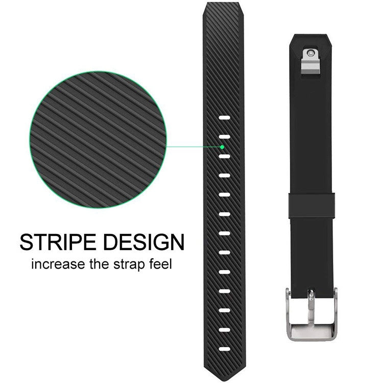 Black silicone watch band with stripe texture and silver buckle clasp