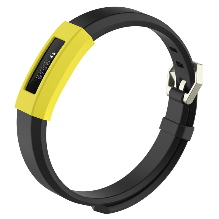 Yellow silicone watch protective case band with black outer ring and metal clasp.