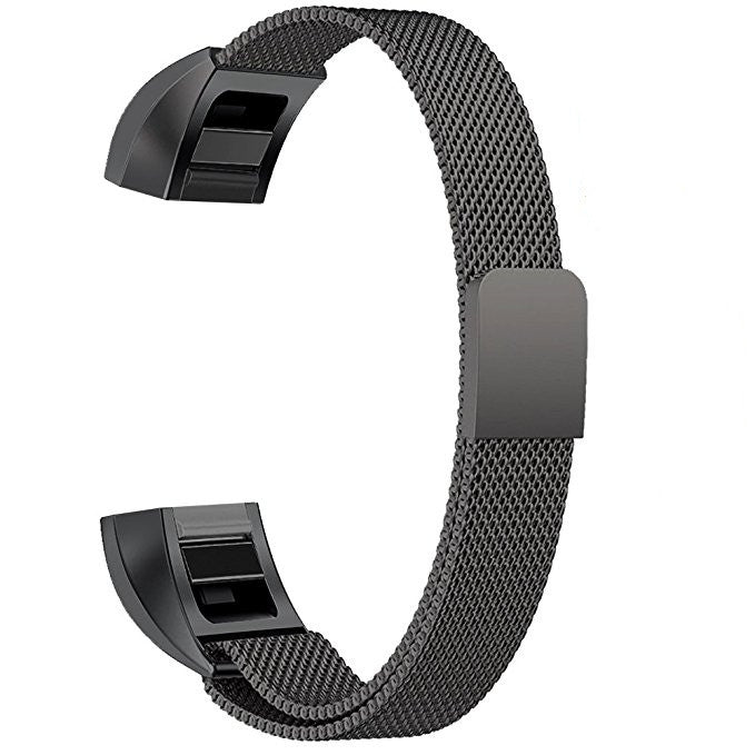 Black stainless steel magnet watch band with mesh strap and rectangular clasp