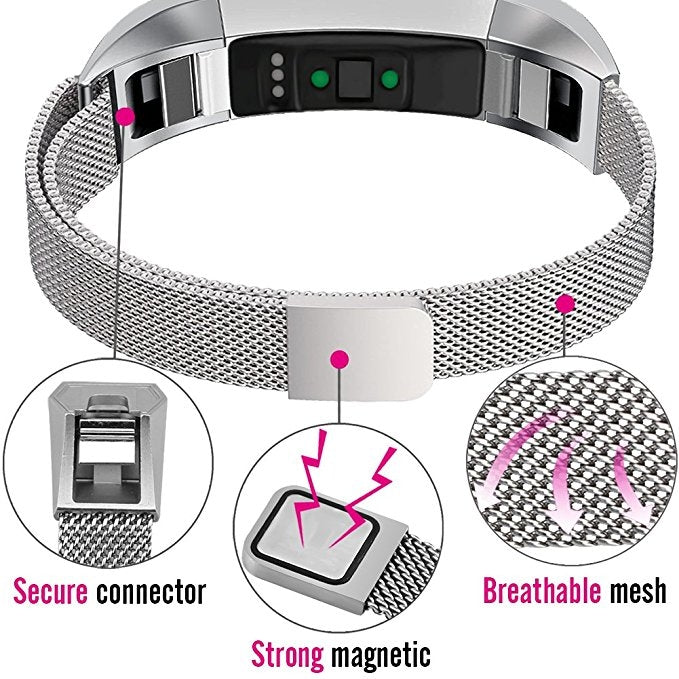 Silver stainless steel mesh magnet watch band with white magnetic connector and strap