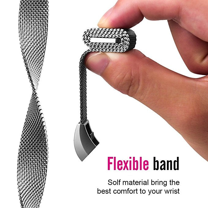 Black magnetic clasp end on silver stainless steel mesh magnet watch band
