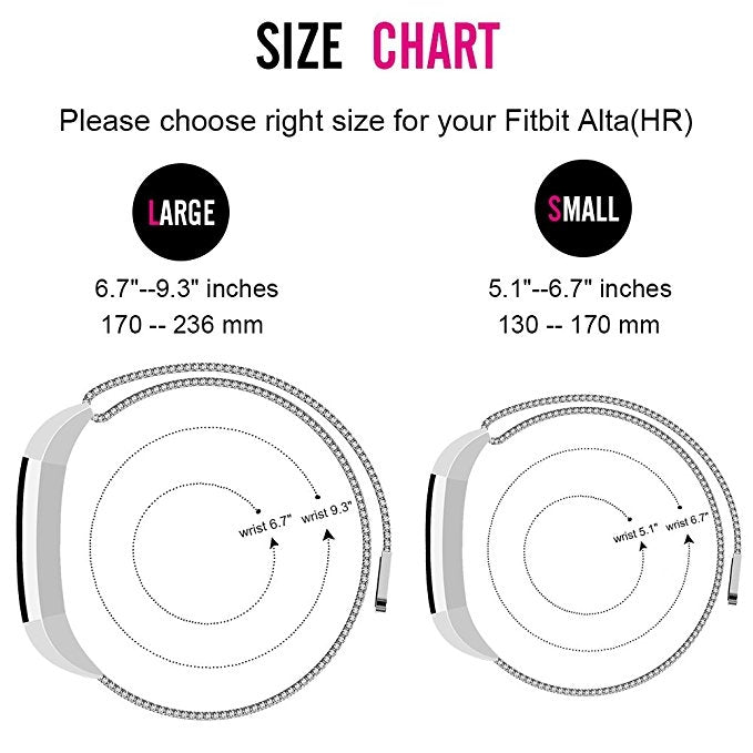 Size chart for stainless steel magnet watch band: large and small wrist ranges