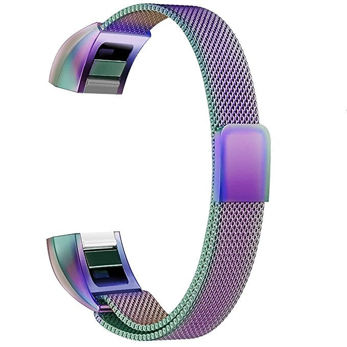 Iridescent purple-green stainless steel mesh magnet watch band with purple connector