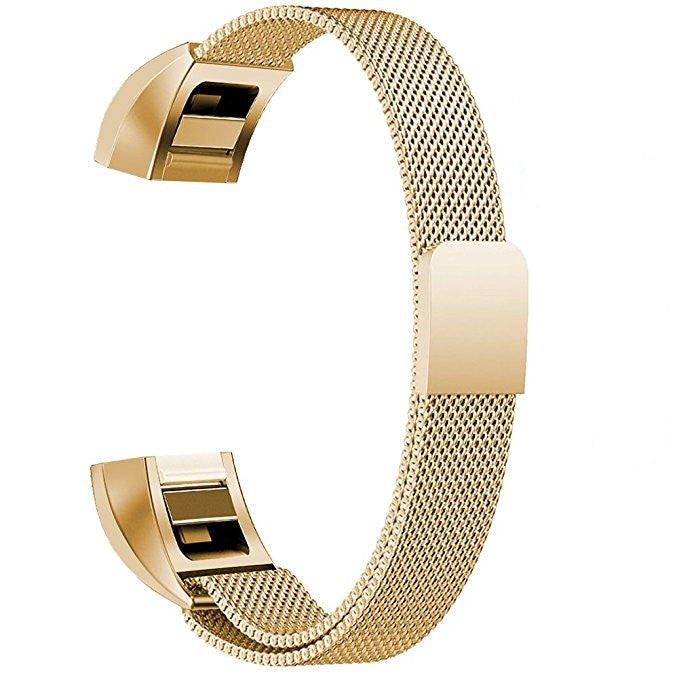 Gold stainless steel magnet watch band with mesh strap and rectangular clasp