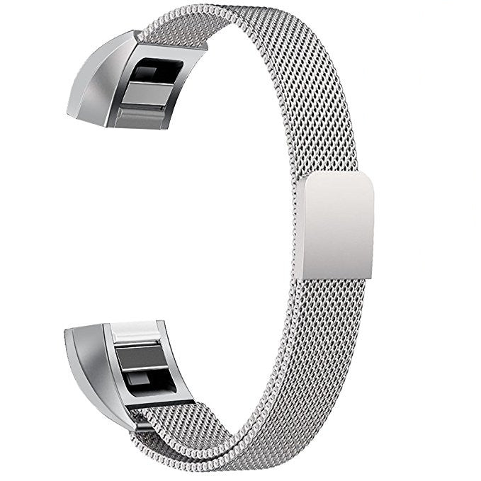 Silver stainless steel magnet watch band with mesh strap and rectangular clasp