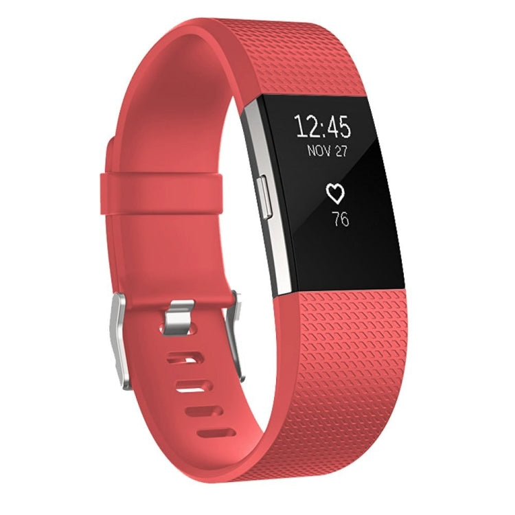 Red sport watch band with square-pattern texture and metal buckle, time display