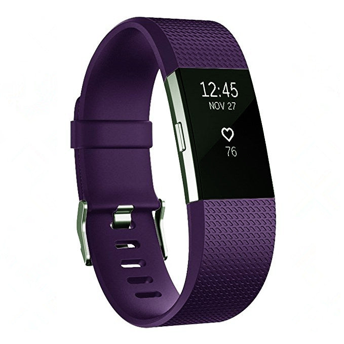 Dark purple sport watch band with square-pattern texture and metal buckle, time display