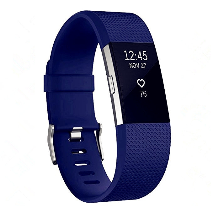 Navy blue silicone sport watch band with adjustable holes and silver buckle hardware