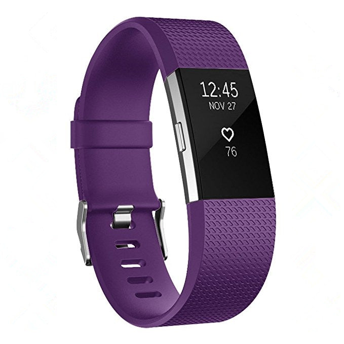 Purple sport watch band with square-pattern texture and metal buckle, time display