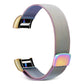 Iridescent stainless steel mesh smartwatch band with rainbow-toned clasp, size L