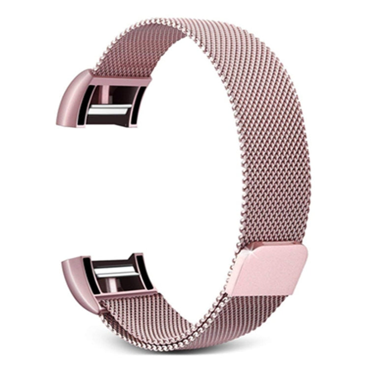 Rose pink stainless steel mesh smartwatch band with metal clasp, size L
