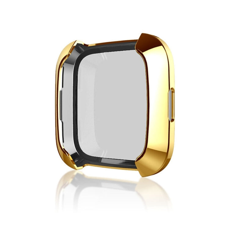 Gold TPU watch case, angled view, clear protective front for Fitbit Versa smartwatch
