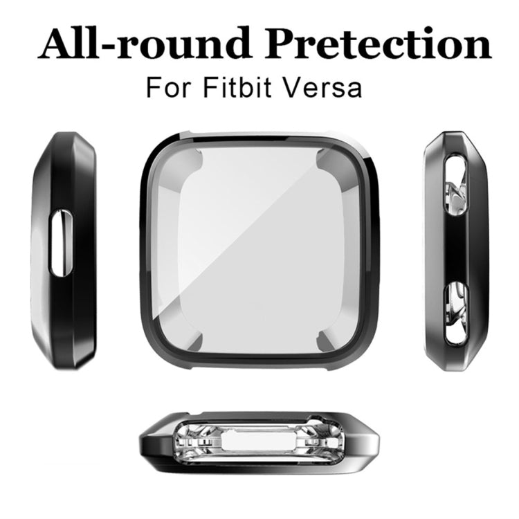 Black TPU watch case with clear face protection and side button cutouts for Fitbit Versa