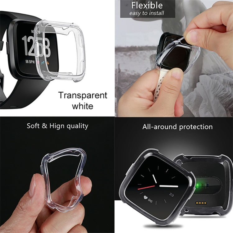 Transparent white TPU watch case with flexible bumper shown during installation for smartwatch