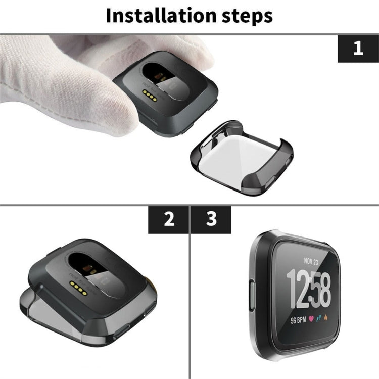 Black TPU watch case shown in installation steps with screen-through front