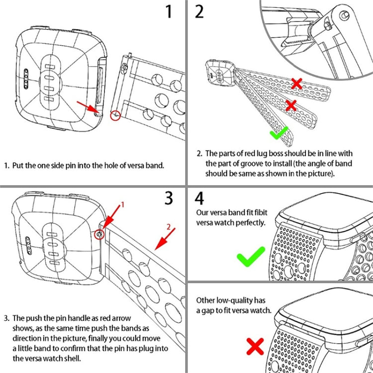 Vented watch band for Fitbit Versa shown with installation diagram and pins