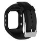 Black silicone smartwatch band with metal buckle clasp and pin holes