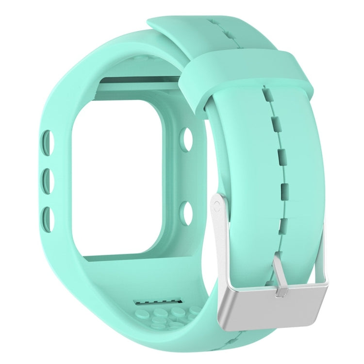 Light teal silicone watch band with row holes and metal clasp for POLAR A300