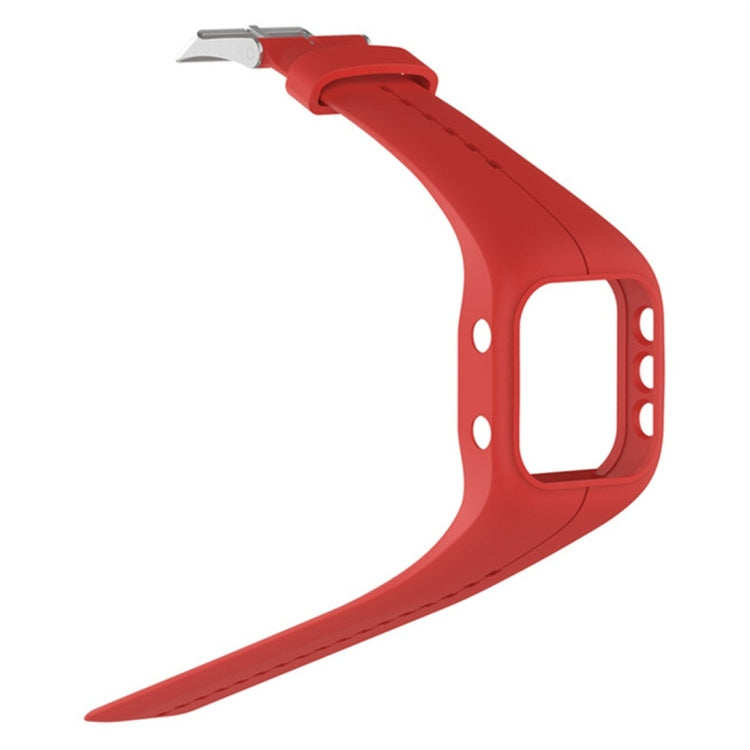 Red silicone smartwatch band with metal clasp and strap tail